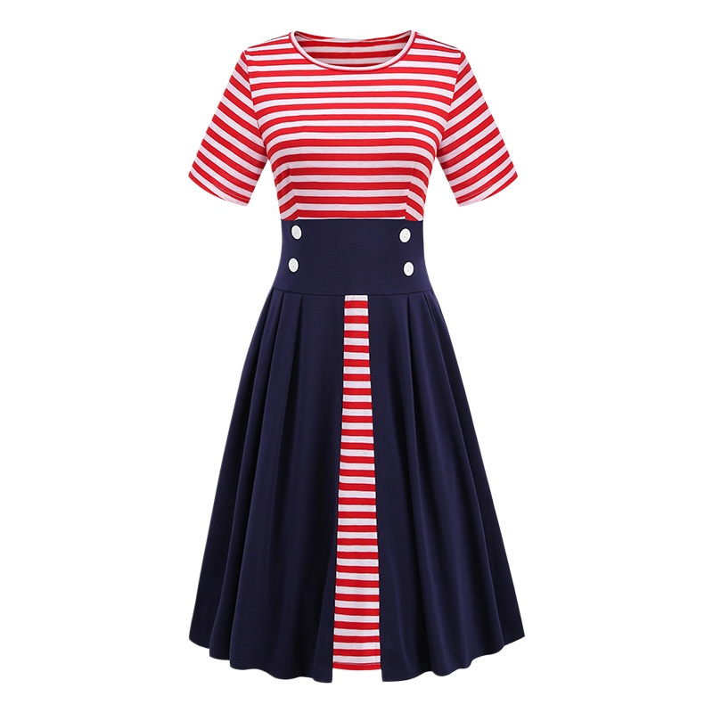 Nautical Striped A-Line Dress - Retro Patchwork Short Sleeve Midi Dresses
